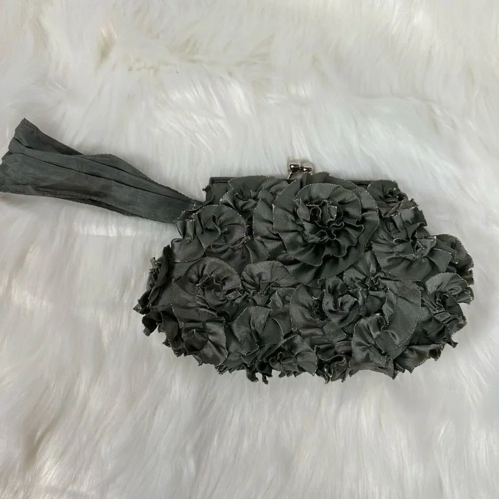 Gray Small Wristlet Evening Bag Purse Flowers Floral for Prom Formal Occasion